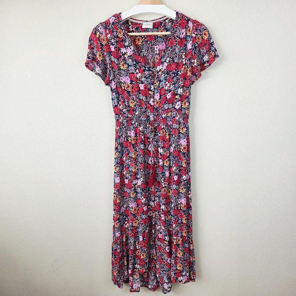 Knox Rose Floral Tassel Boho Midi Dress Size XS Red Multi Crepe Flowy Rayon - Picture 2 of 11